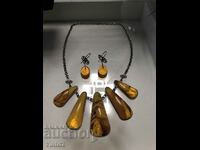 Silver necklace and earrings with amber