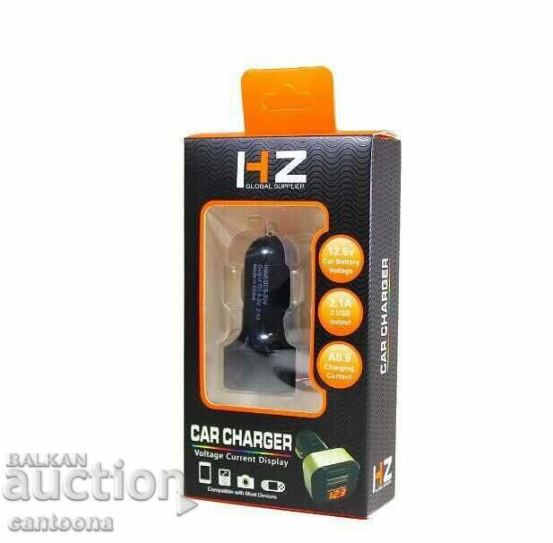 Зарядно за автомобил с 2 бр. USB, HZ Car Charger, волтметър