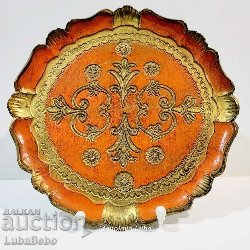 Vintage Italian wooden tray in orange and gold