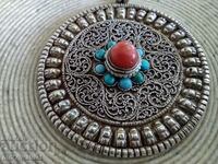 SILVER MEDALLION with Coral and Turquoise, hallmarked