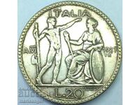 20 Lire 1927 R-Roma Italia Victor Emmanuel II Argint
