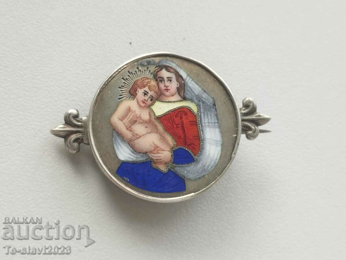 19th century OLD Silver ICON brooch - hand painted enamel