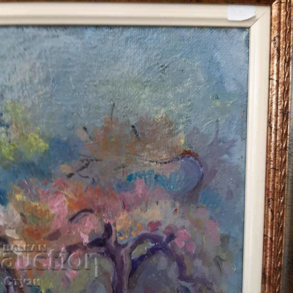 Licitație Tablou original „Copaci romantici”, ulei, 49 x 39 cm