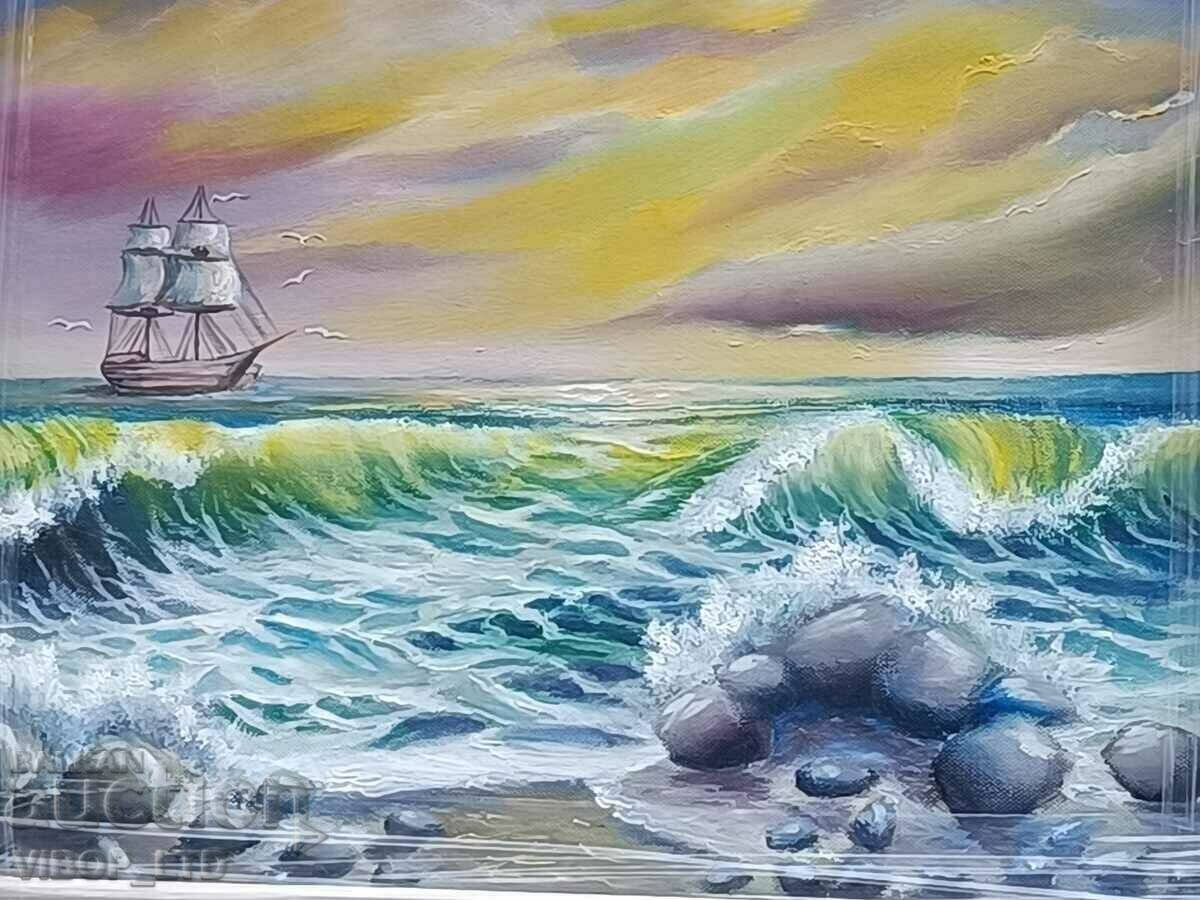 Author painting 55/45 SEA BRUSH/oil/certificate/frame