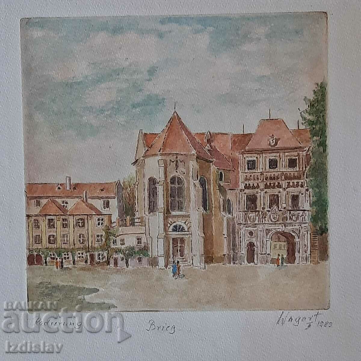 Delivery of Old etching hand colored with watercolor Delivery of Old etching hand colored with watercolor