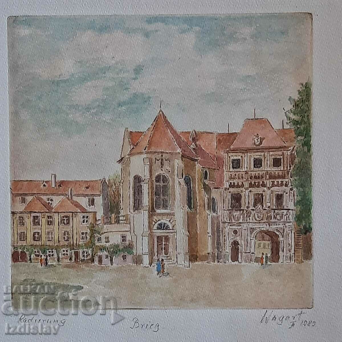 Old etching hand colored with watercolor Old etching hand colored with watercolor