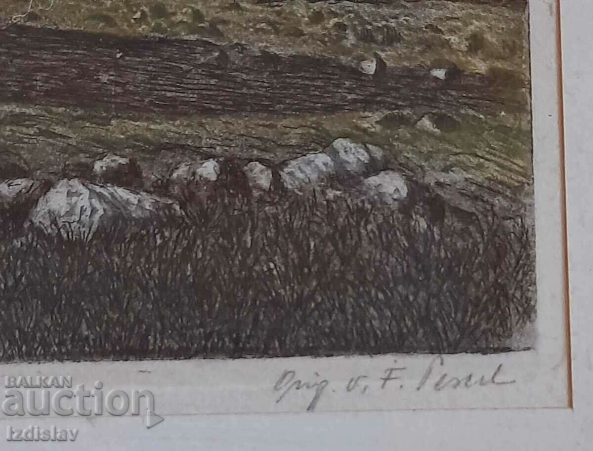 Auction Color engraving on silk, Viennese landscape. Auction Color engraving on silk, Viennese landscape.