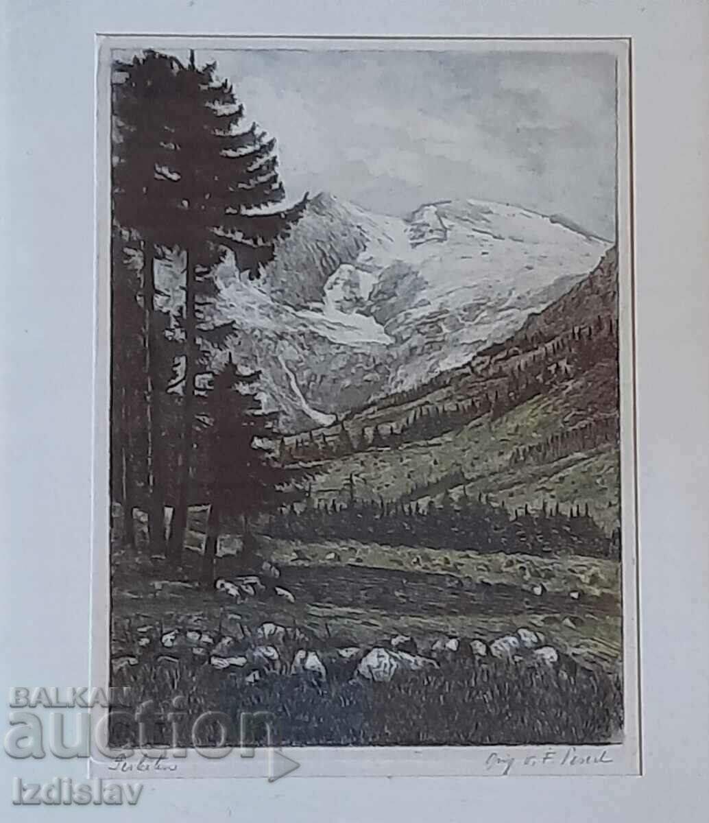 Color engraving on silk, Viennese landscape. - 6 Color engraving on silk, Viennese landscape. - 6