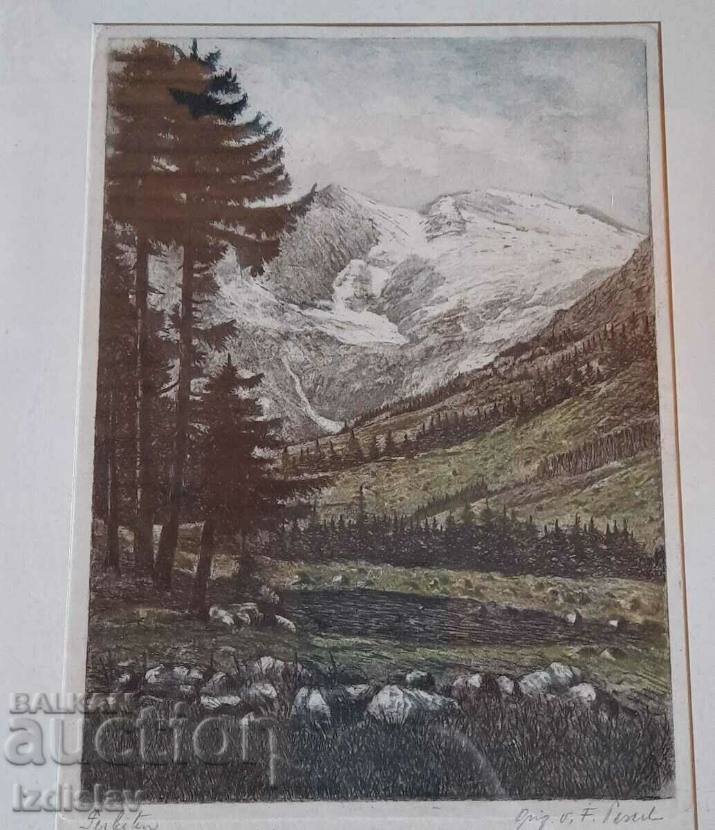 Color engraving on silk, Viennese landscape. Color engraving on silk, Viennese landscape.