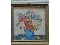 Old tapestry - Vase with flowers, handmade - glazed with ...