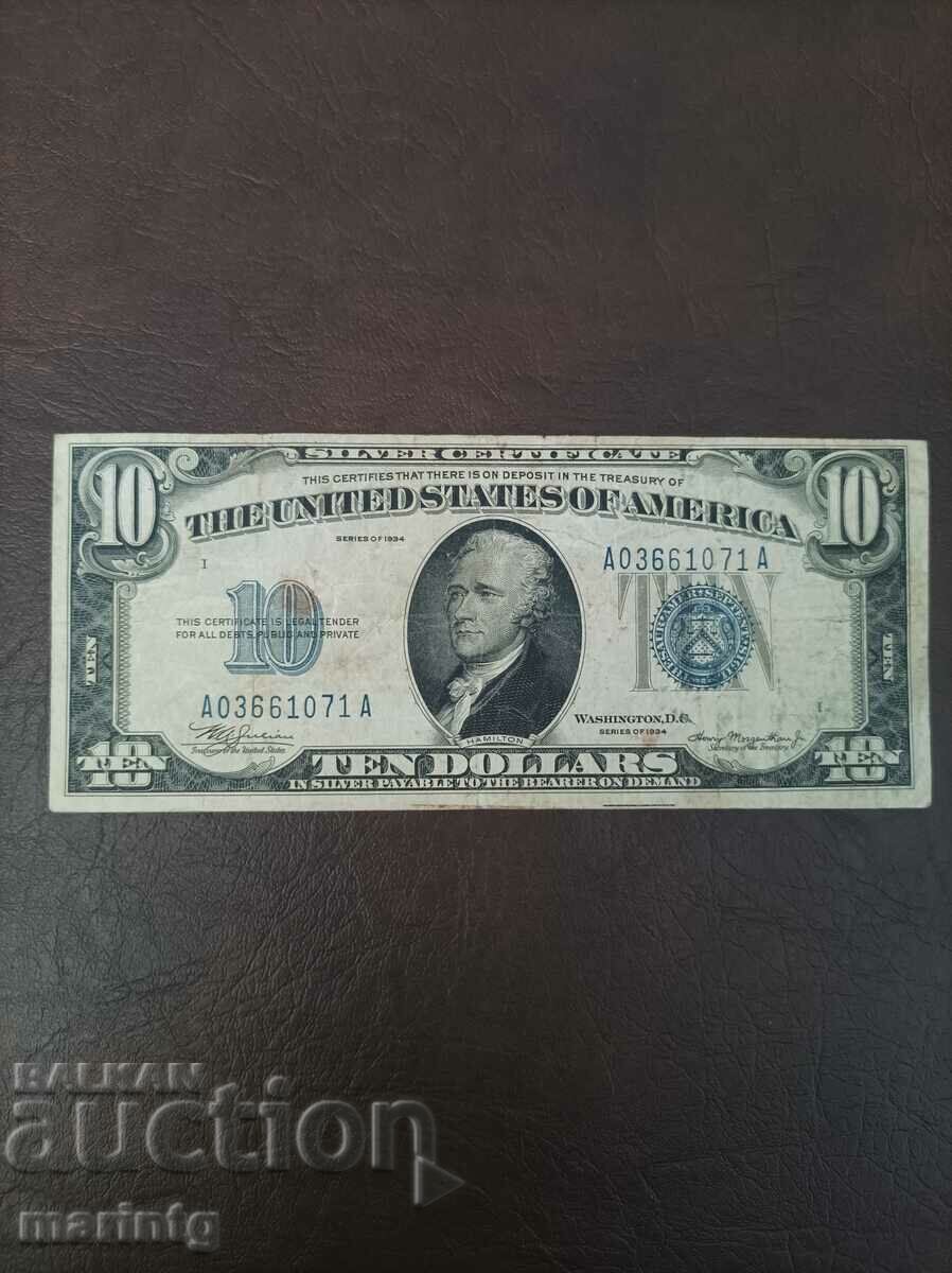 1934 ten dollar bill, blue stamp.