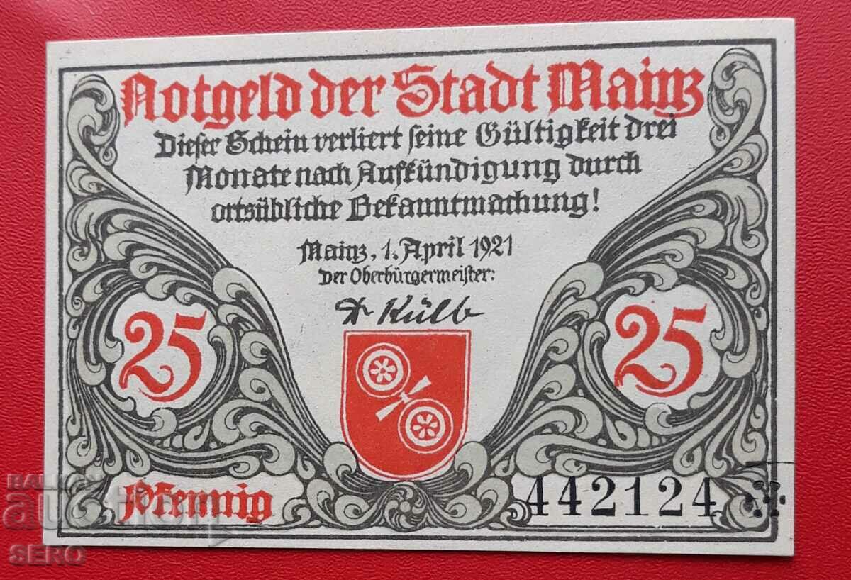 Bancnota-Germania-Reiland-Pfalz-Mainz-25 Pfennig 1921