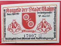 Banknote-Germany-Reiland-Pfalz-Mainz-10 Pfennig 1921