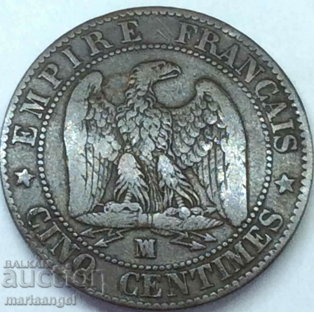 Франция 5 сантима 1854 М - Марсел Наполеон III бронз