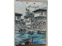 Drawing, graphic on hard cardboard - View from Sozopol, Boats