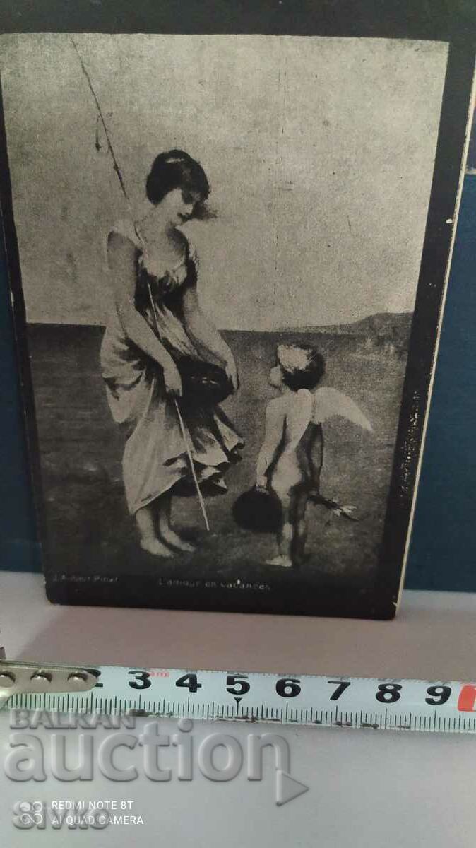 Картичка старинна, девойка с ангелче
