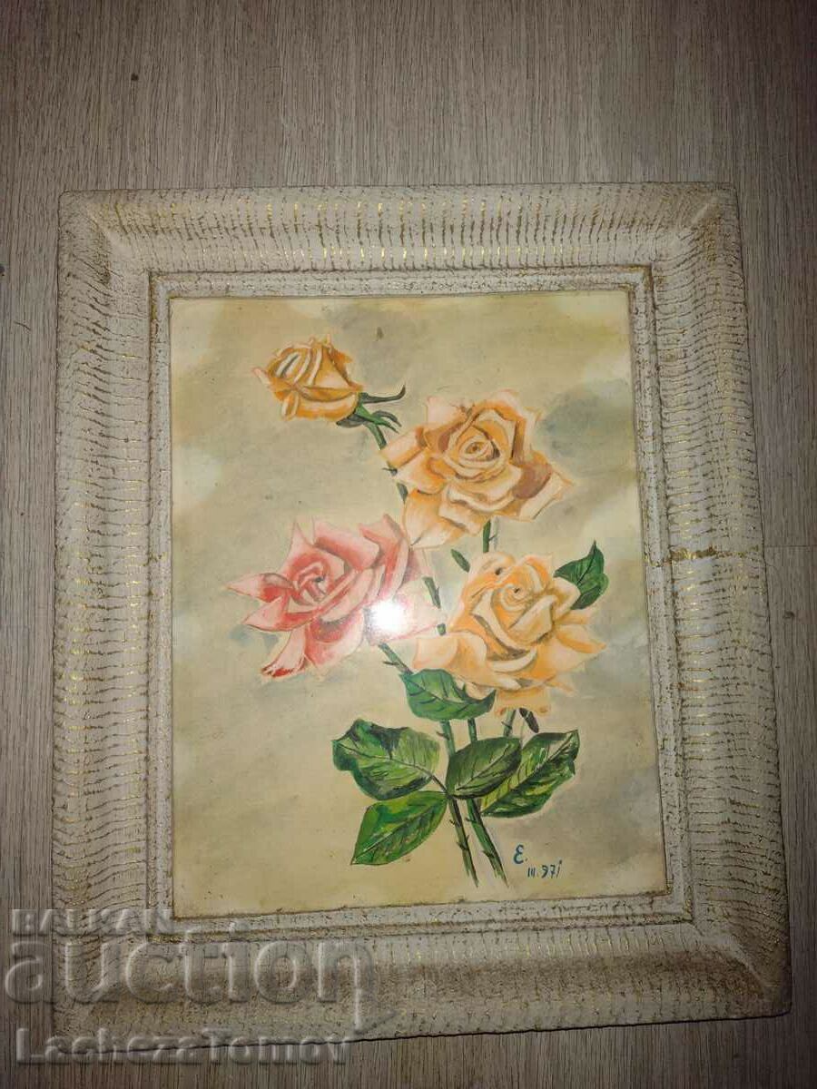 Beautiful painting watercolor rose frame glass signature