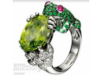 Inel drăguț în formă de broască, zirconiu cubic verde vintage