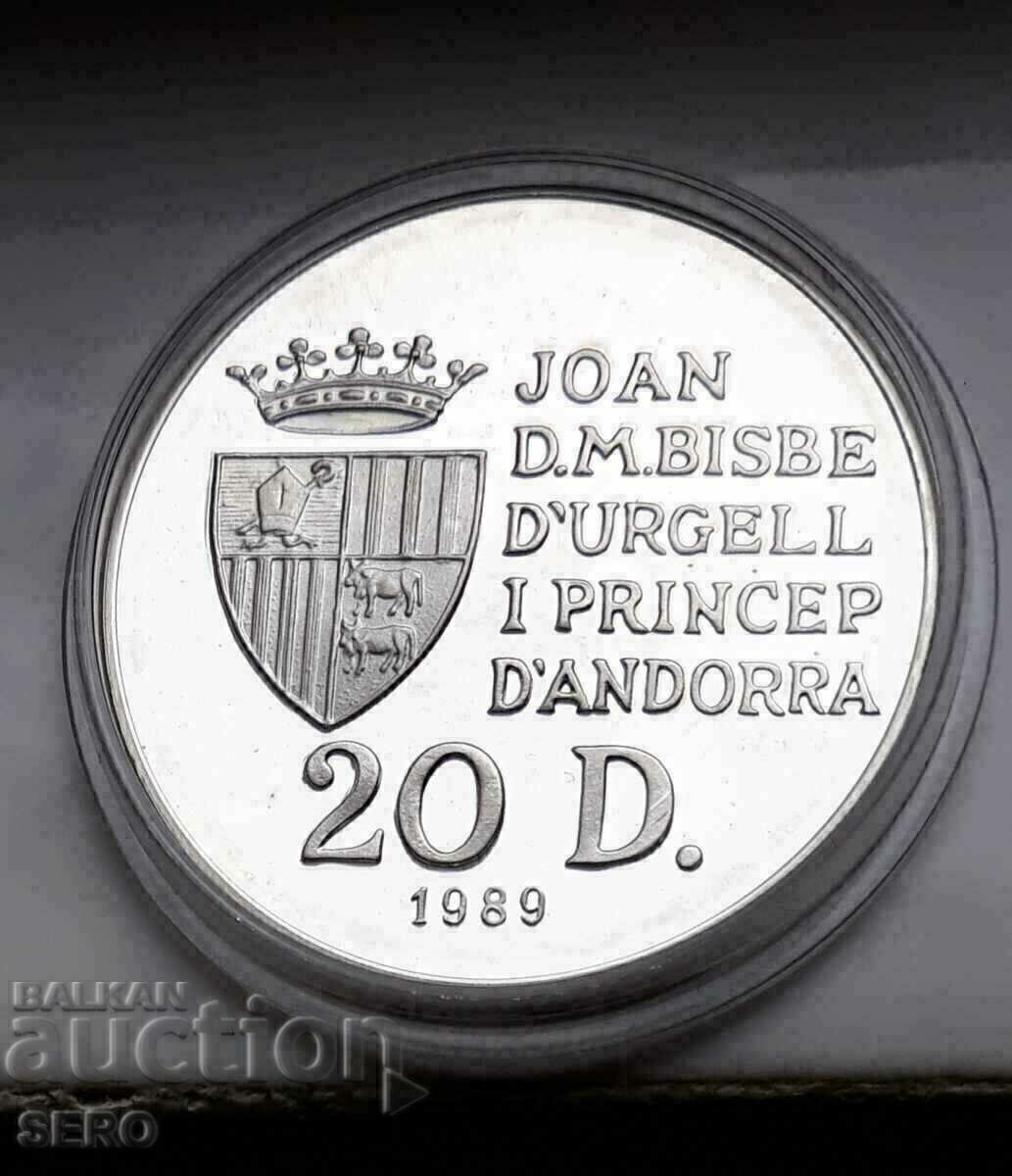 Andorra-20 dinari 1989-argint și rare-circulație 15.000 buc