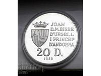 Andorra-20 dinari 1989-argint și rare-circulație 15.000 buc