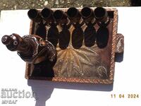 OLD WOODEN - TRAY, BOTTLE WITH CAP AND 6 GLASSES