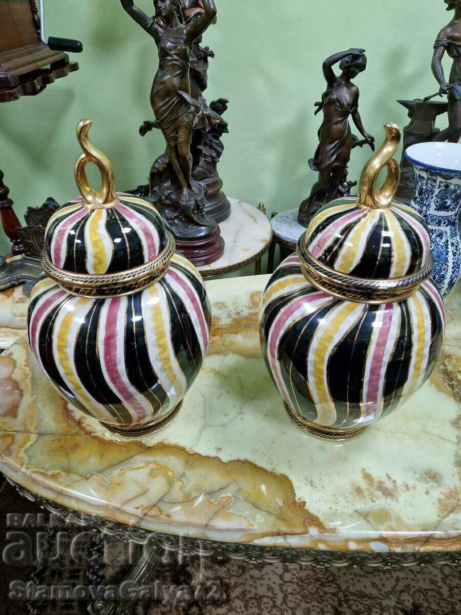 Auction Pair of Unique Antique Belgian H. BEQUE Porcelain Urns Auction Pair of Unique Antique Belgian H. BEQUE Porcelain Urns