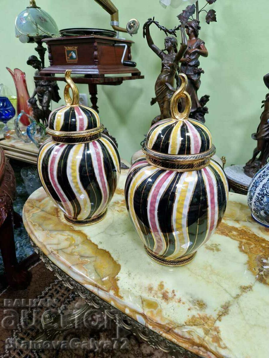 Pair of Unique Antique Belgian H. BEQUE Porcelain Urns - 5 Pair of Unique Antique Belgian H. BEQUE Porcelain Urns - 5