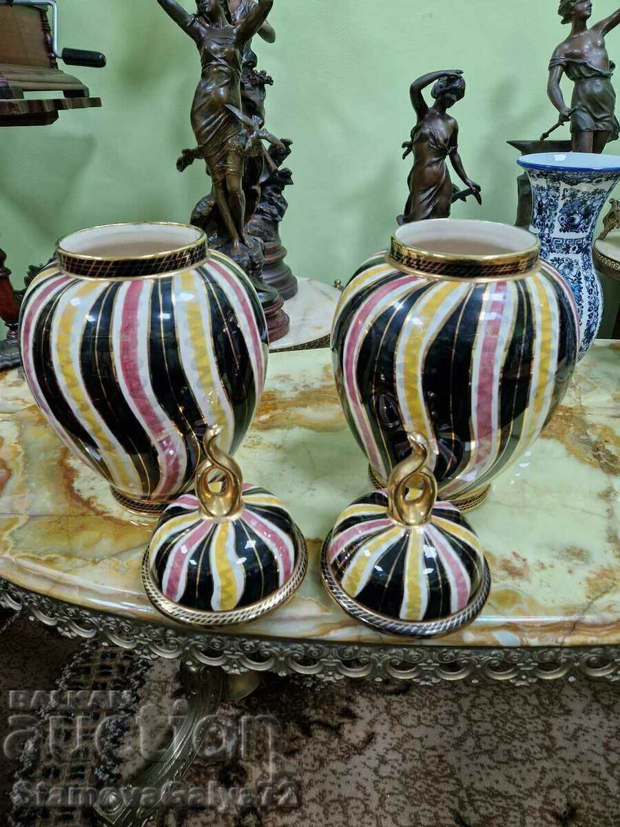 Pair of Unique Antique Belgian H. BEQUE Porcelain Urns - 6 Pair of Unique Antique Belgian H. BEQUE Porcelain Urns - 6