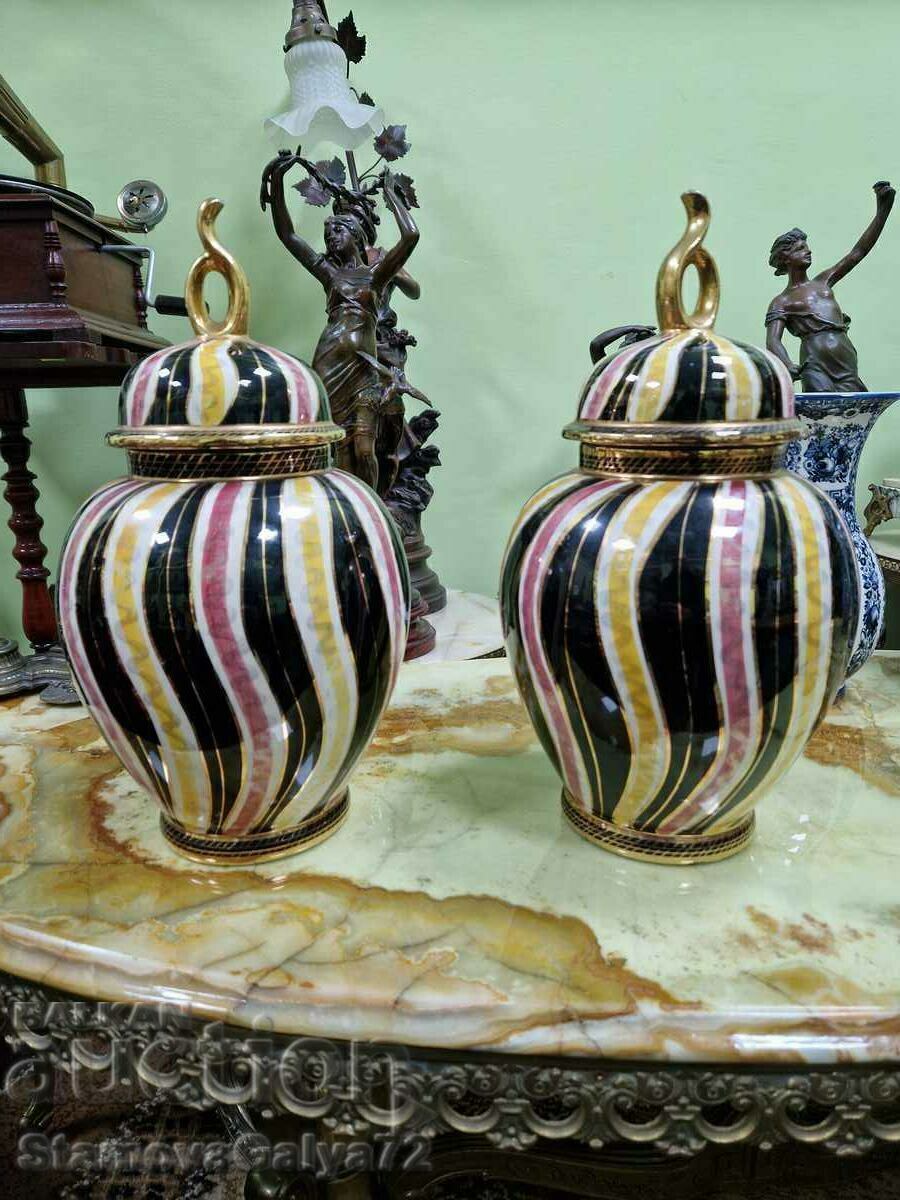 Pair of Unique Antique Belgian H. BEQUE Porcelain Urns Pair of Unique Antique Belgian H. BEQUE Porcelain Urns
