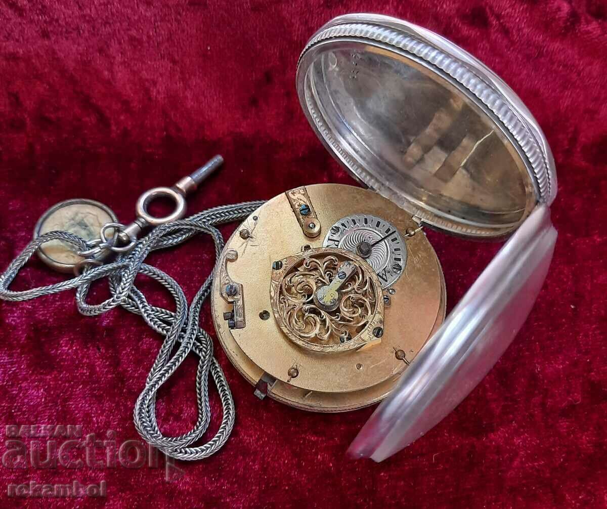 Старинен сребърен Френски джобен часовник с верига