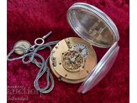 Ceas de buzunar cu lanț francez de argint antic