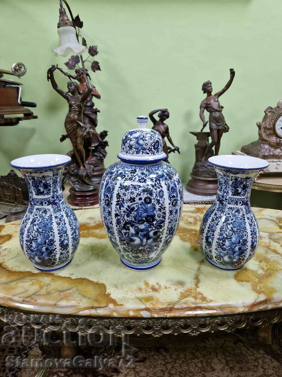 Unique antique set of Delft porcelain vases