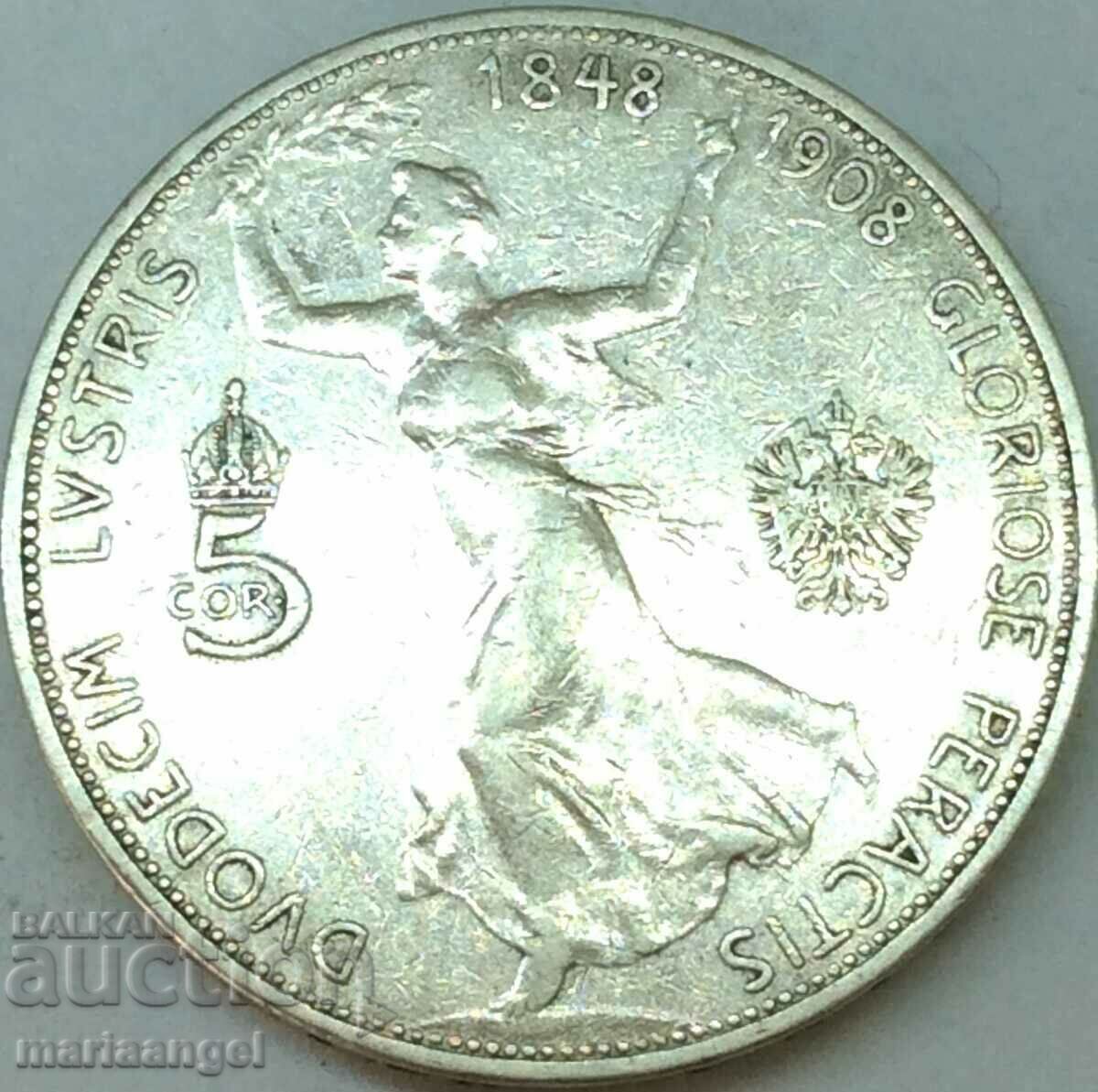 Австрия 5 корони крони 1908 Франц Йозеф I сребро - рядка