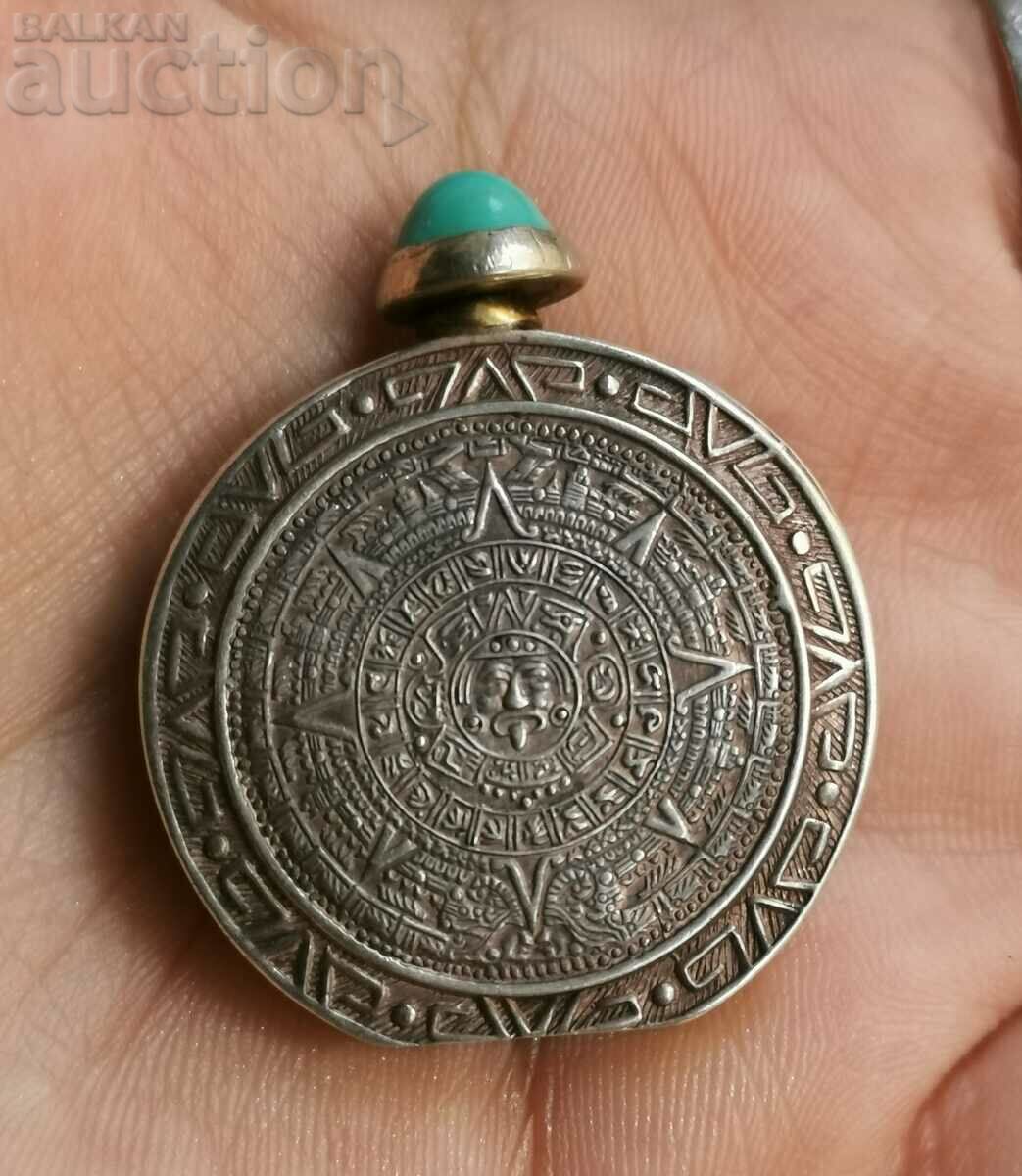 Silver Perfume Bottle with the Aztec Calendar