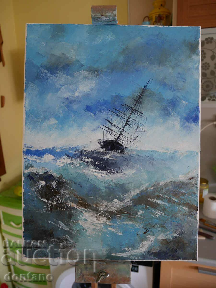 Pictură în ulei - Peisaj marin - Nava într-o mare furtunoasă 40/30