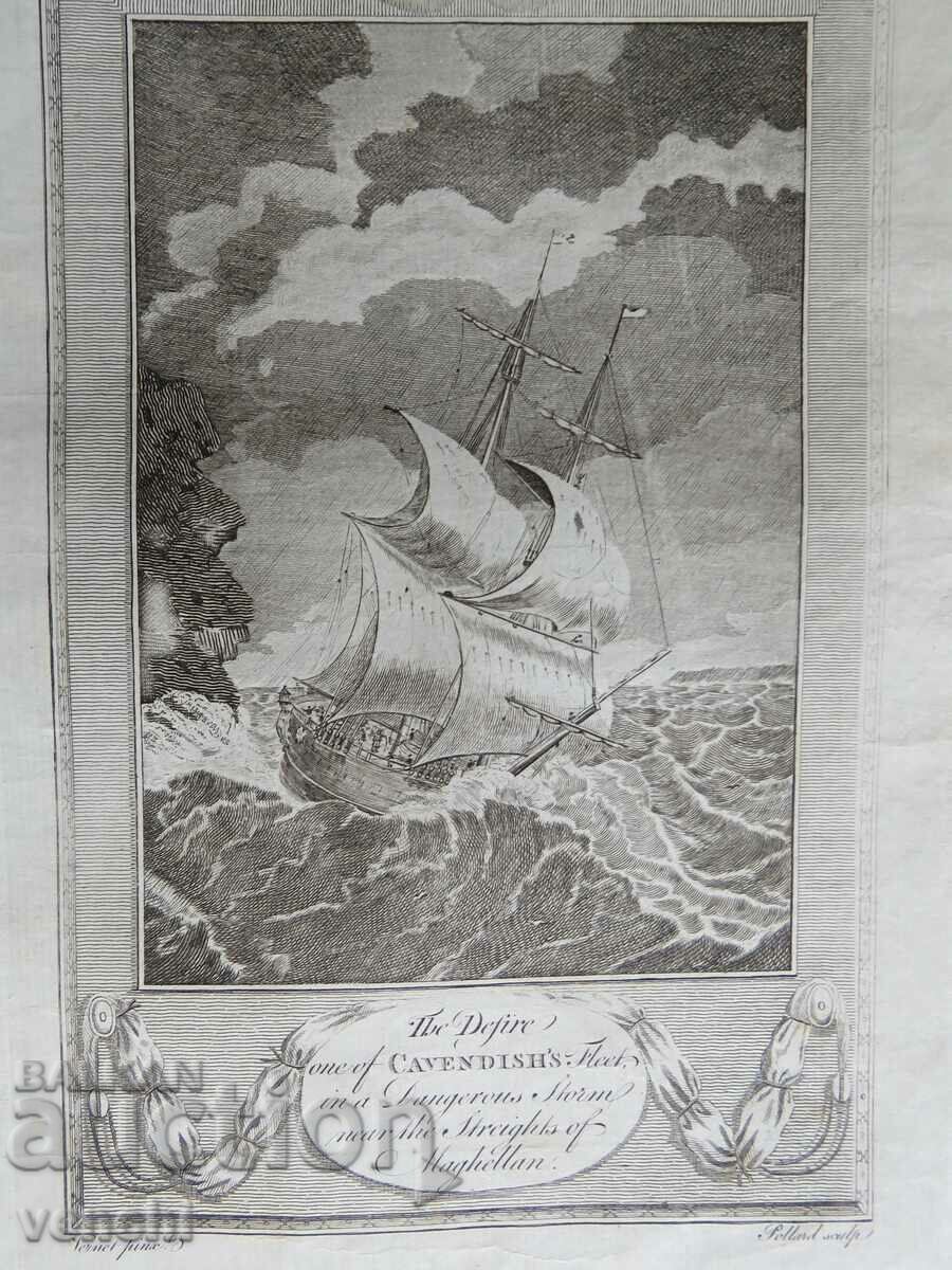 1780 - GRAVURĂ - CAVENDISH, STRÂMTOAREA MAGELAN - ORIGINAL cu preț € 29.99 | 58.66 BGN