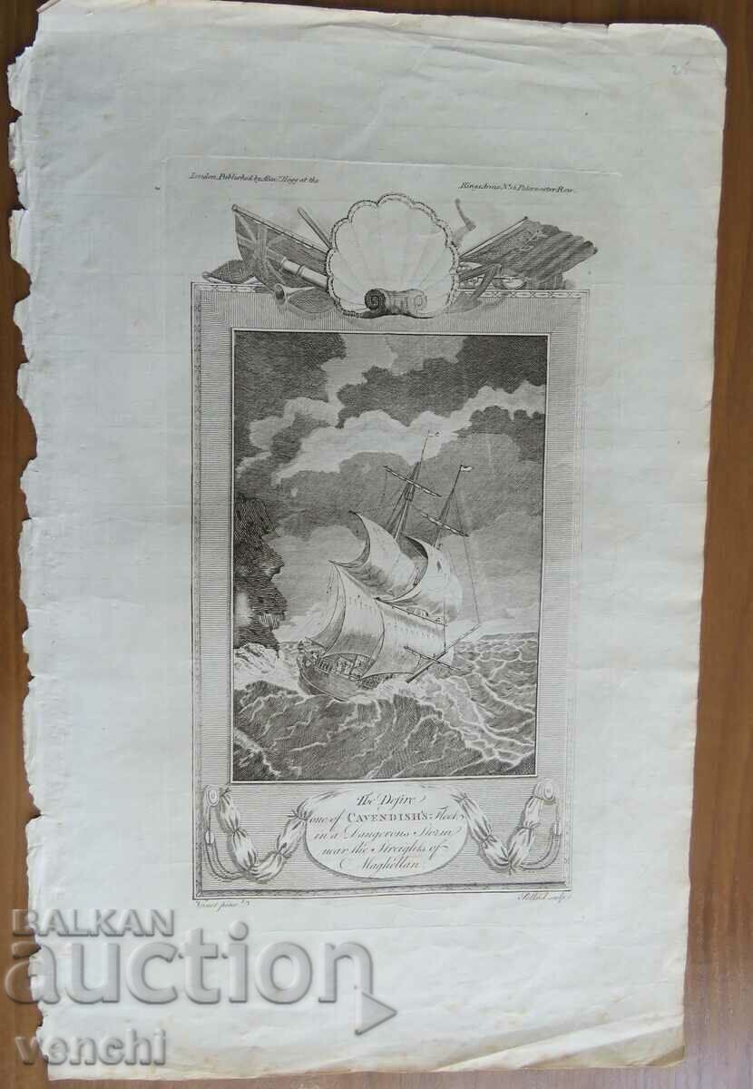 1780 - GRAVURĂ - CAVENDISH, STRÂMTOAREA MAGELAN - ORIGINAL