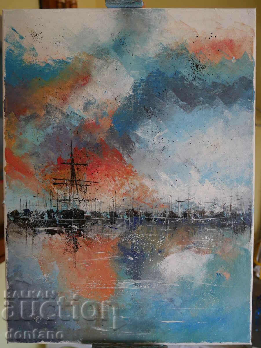 Pictură abstractă în ulei - Peisaj marin - Nave 40/30 cm