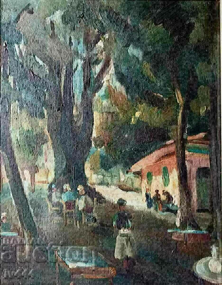 SUBI IVANOV BULGARIAN OIL PAINTING-KARLOVO/CAFE TEKETO with price 1500.00 BGN | € 766.94