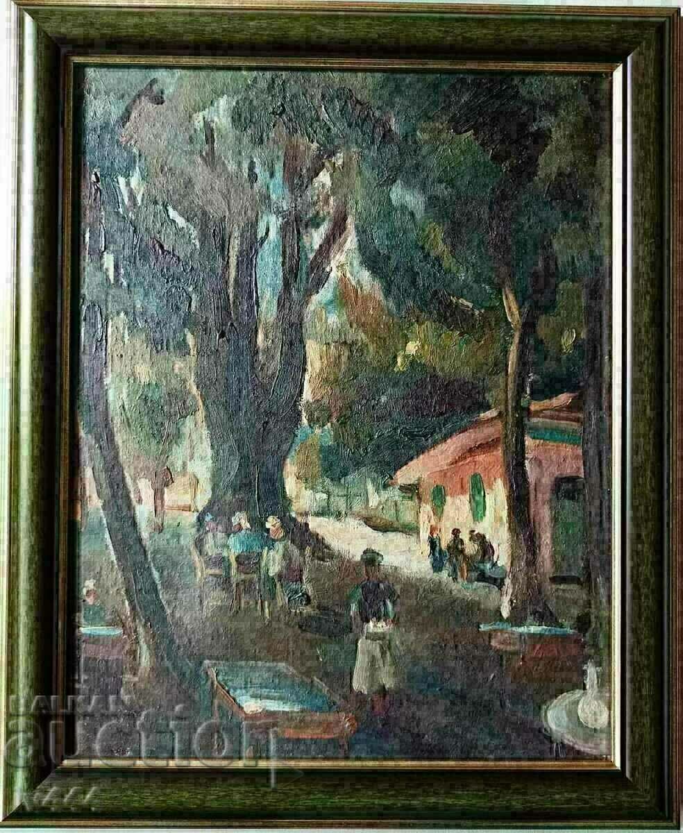 SUBI IVANOV BULGARIAN OIL PAINTING-KARLOVO/CAFE TEKETO