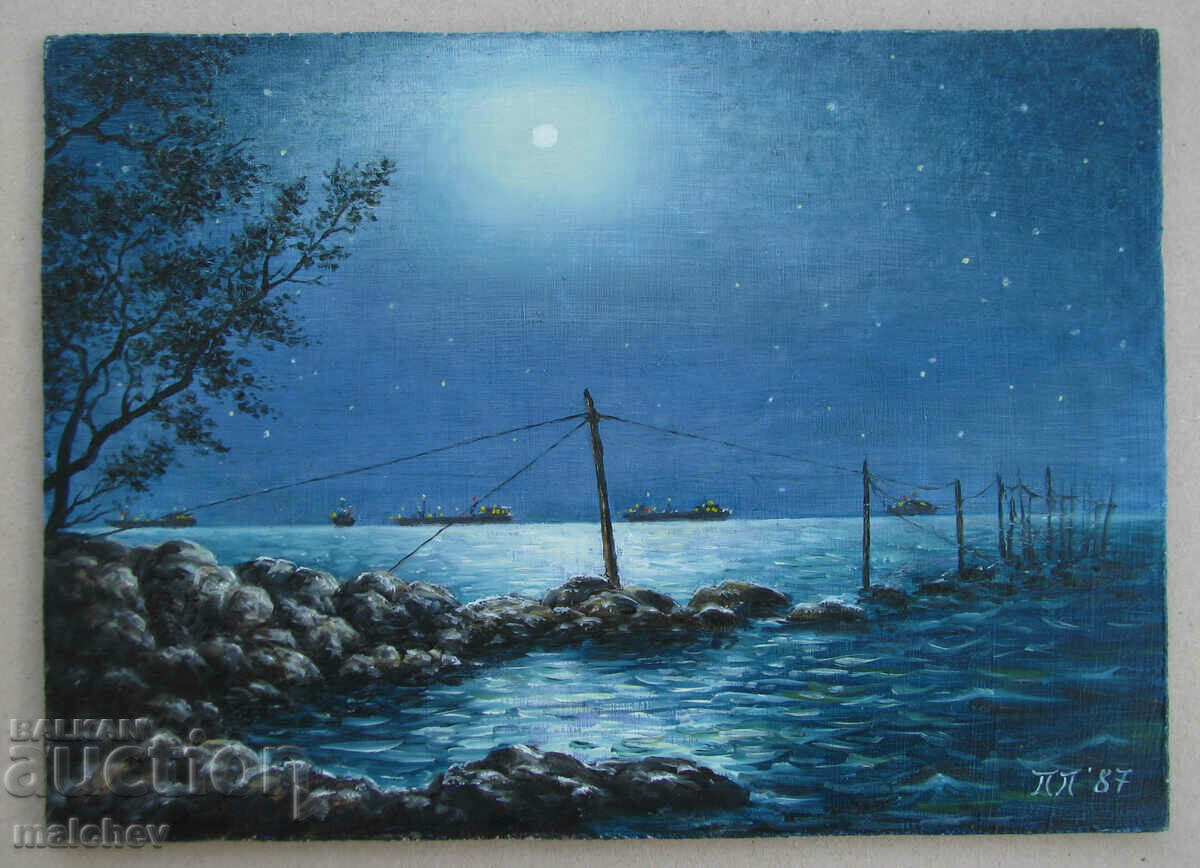 Oil painting Night Sea 23/31 Petar Petrov 1987 excellent