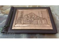 Old leather photo album with Hagia Sophia Istanbul