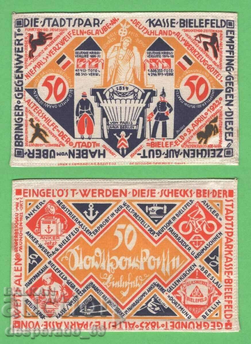 (¯`'•.¸GERMANIA (Bielefeld) 50 timbre 1922 UNC (pânză)