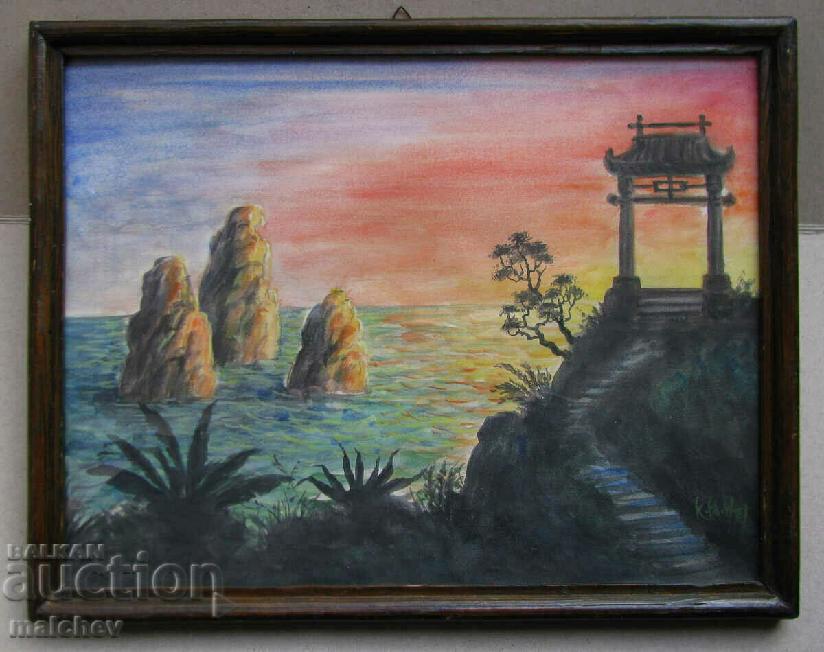 Watercolor picture Sunset landscape from the Far East in a frame 29/37
