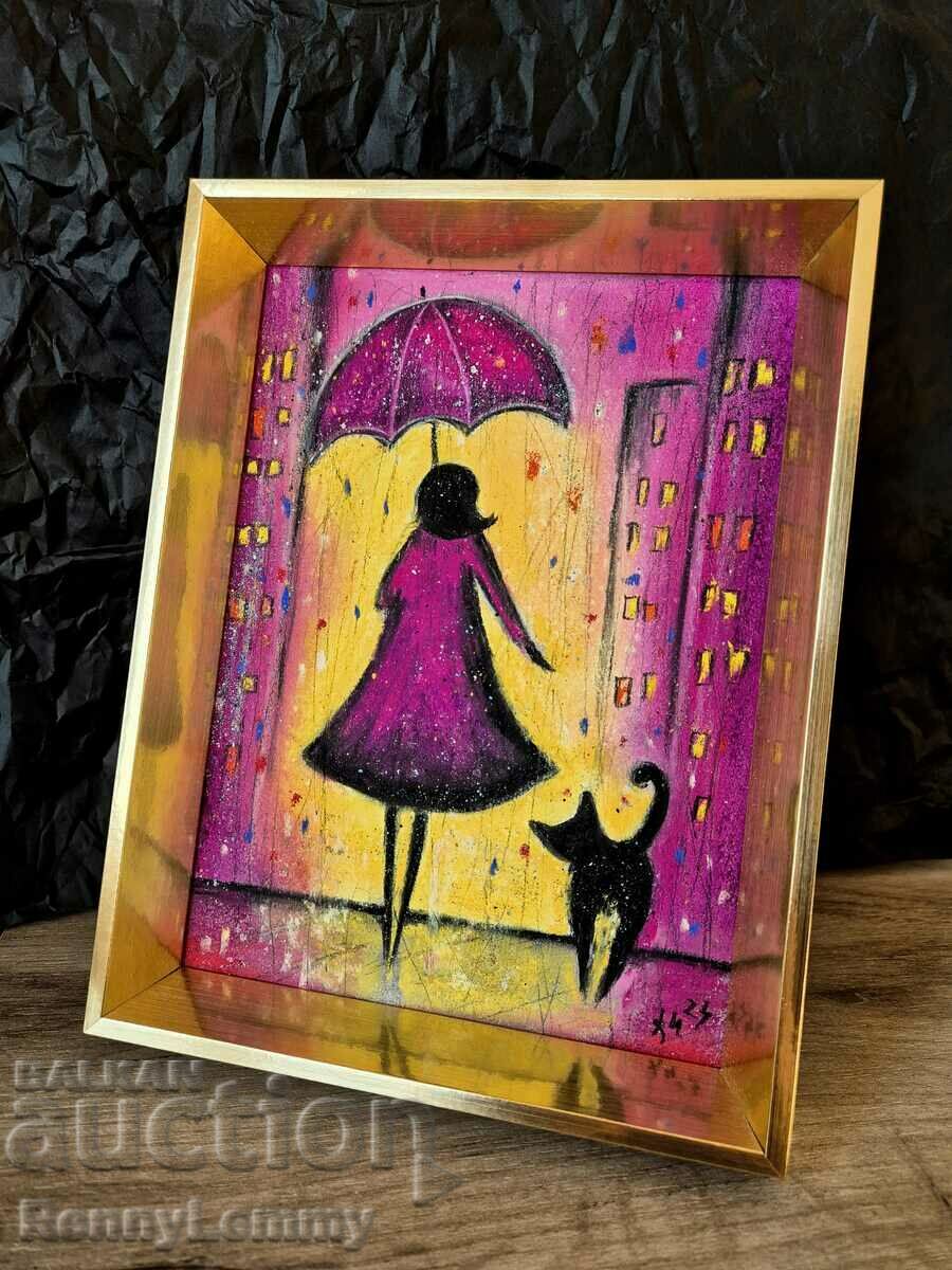 Rainy night, original painting, pastel