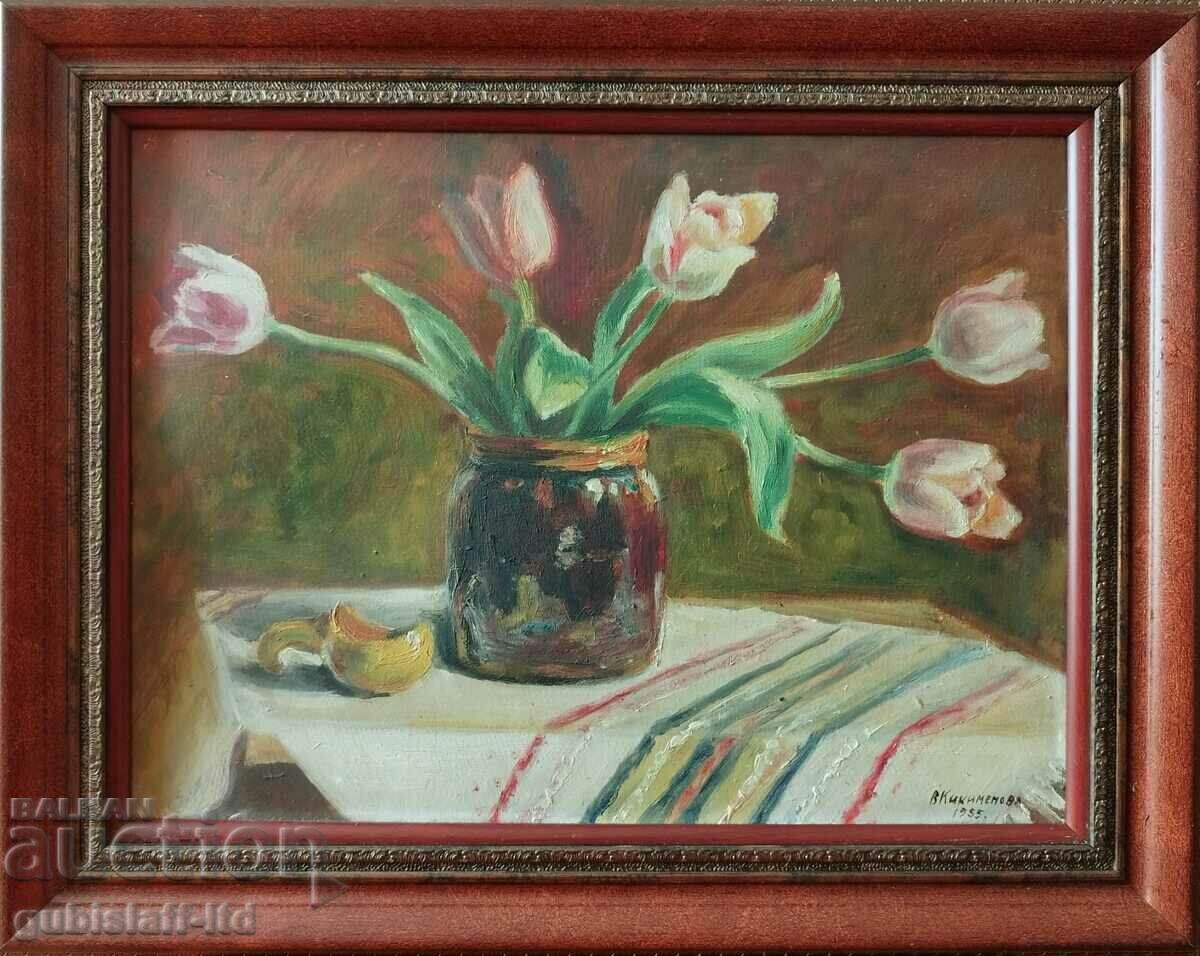 Painting, still life, tulips, 1955, art. V. Kikimenova
