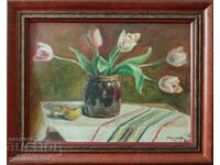 Painting, still life, tulips, 1955, art. V. Kikimenova