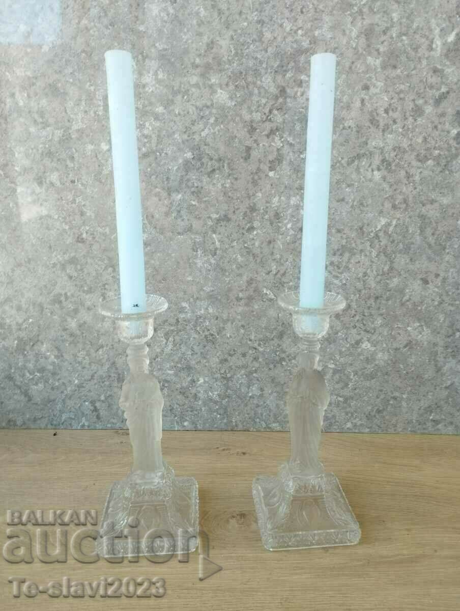 Old Glass Religious Candlesticks - 2 pcs