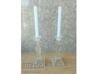 Old Glass Religious Candlesticks - 2 pcs