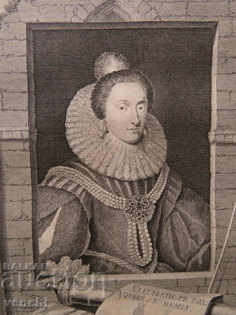 1732 - ENGRAVING - Elizabeth Stuart, Queen of Bohemia - ORIGINAL with price 49.99 BGN | € 25.56